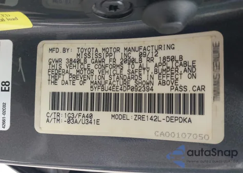 2013 Toyota Corolla L z USA, uszkodzony, nr VIN 5YFBU4EE4DP092394